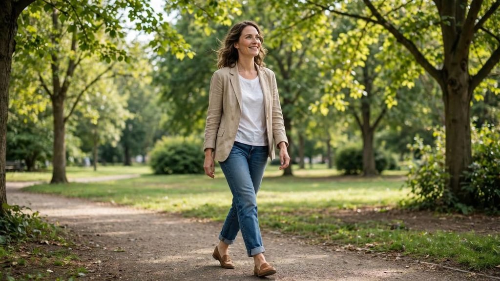 Mulher caminhando ao ar livre e aproveitando um momento de bem-estar