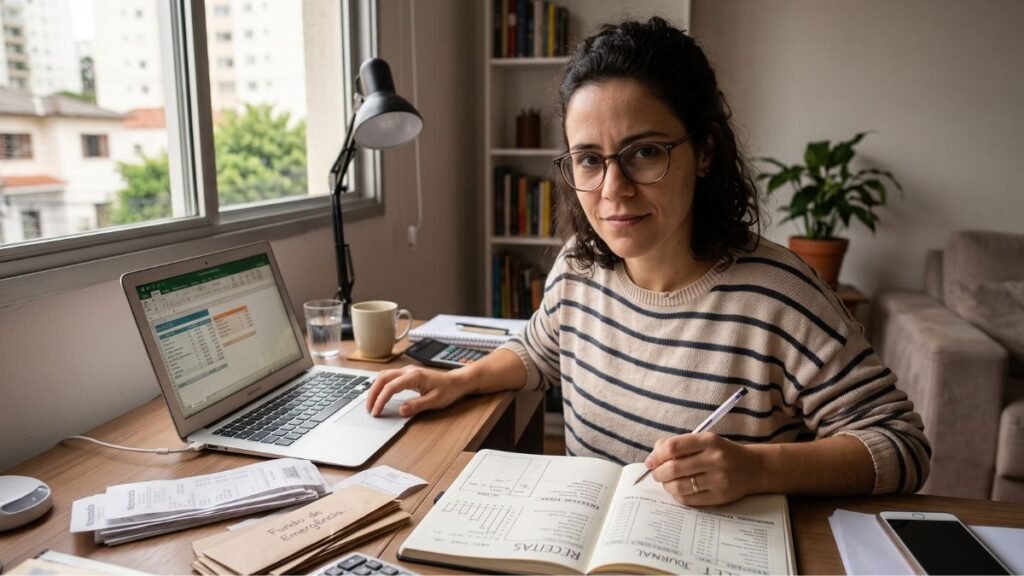 Pessoa planejando receitas e despesas para organizar a vida financeira