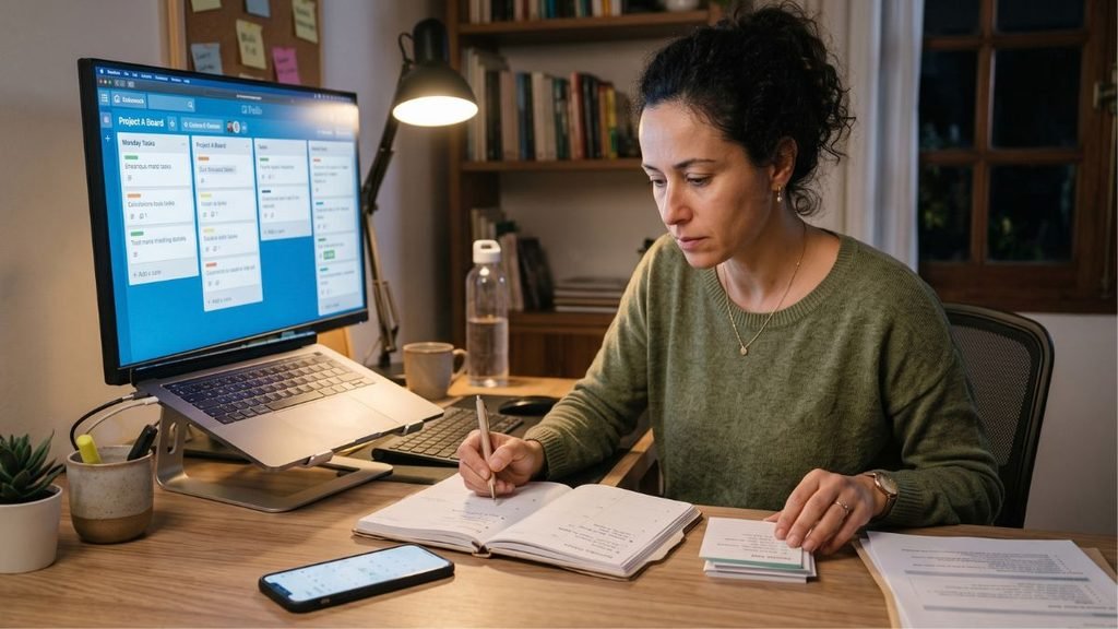 Mulher organizando tarefas durante uma rotina mentalmente exigente
