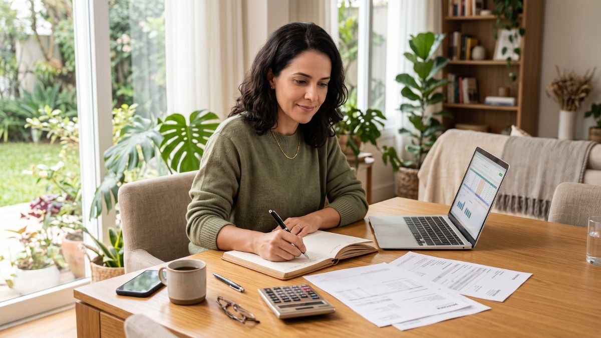 Mulher organizando as finanças pessoais em um ambiente tranquilo